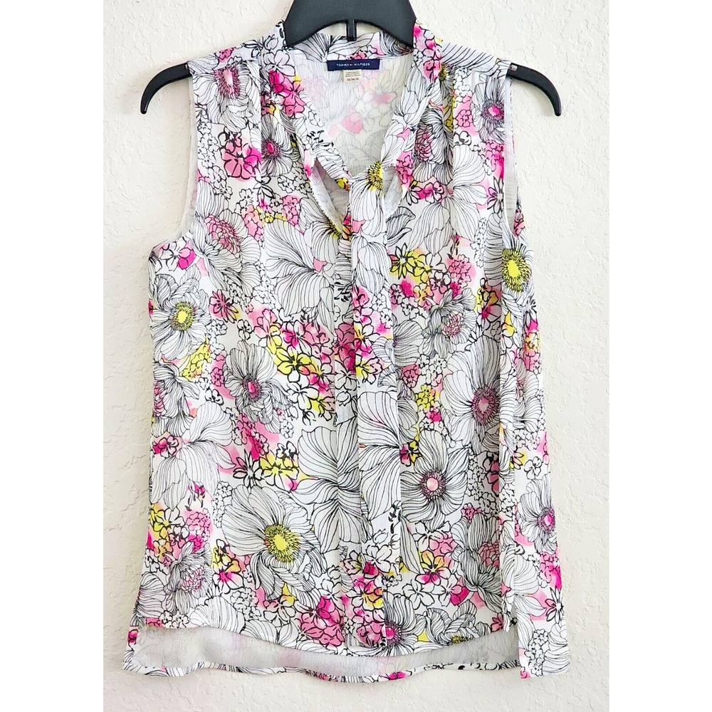 Top/Blouse-Tommy Hilfiger-White Pink Floral-Sleeveless-Front Tie-Lightweight-M